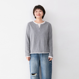 棉质设计感假两件圆领套头长袖T恤女百搭层次感宽松慵懒感上衣