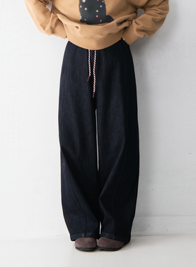 加绒松紧腰抽绳棉质弹力直筒牛仔裤女显瘦百搭舒适直筒休闲裤