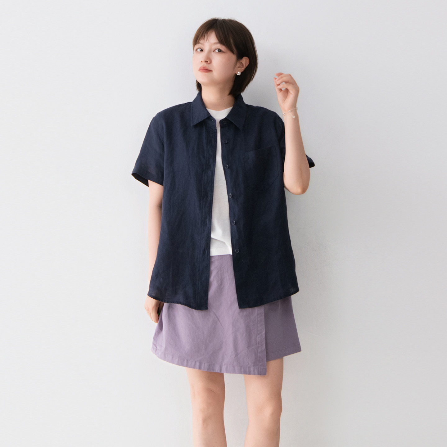 100%亚麻纯色翻领短袖衬衫女宽松百搭日系夏季新款盐系上衣