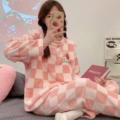 秋冬季新款法兰绒圆领睡衣女套装宽松韩版可外穿套头女睡衣家居服