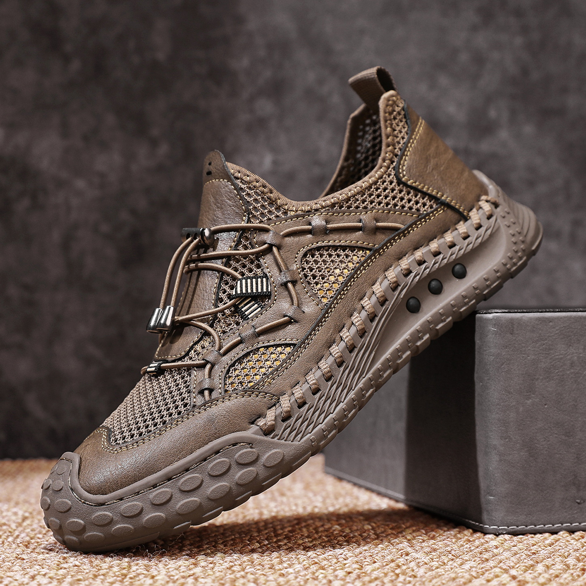 2025新款透气网面鞋真皮男士镂空薄款户外休闲运动鞋男鞋懒人网鞋