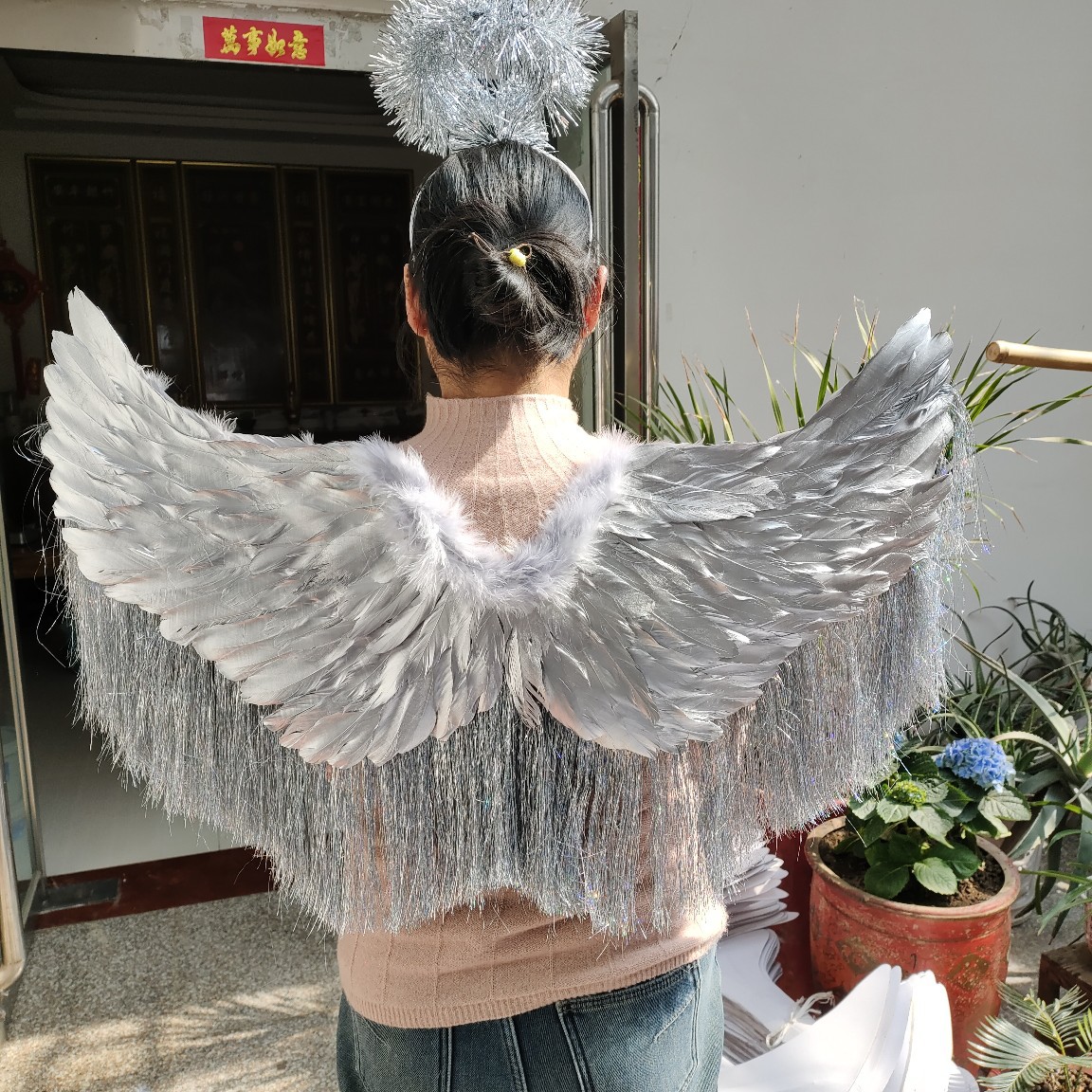 万圣节银色羽毛天使翅膀舞台表演走秀成人cos影楼拍摄道具圣诞节