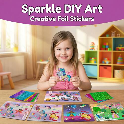 外贸Foil Art 铝箔画套装儿童DIY烫金贴纸画公主独角兽益智玩具
