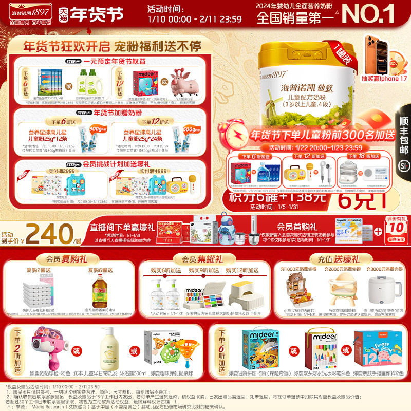 品牌官旗】海普诺凯1897荷致学龄前儿童成长HMO配方奶粉4段800g*1,婴童奶粉,儿童奶粉（4段）,淘宝优惠券,粉丝福利购,淘宝优惠卷