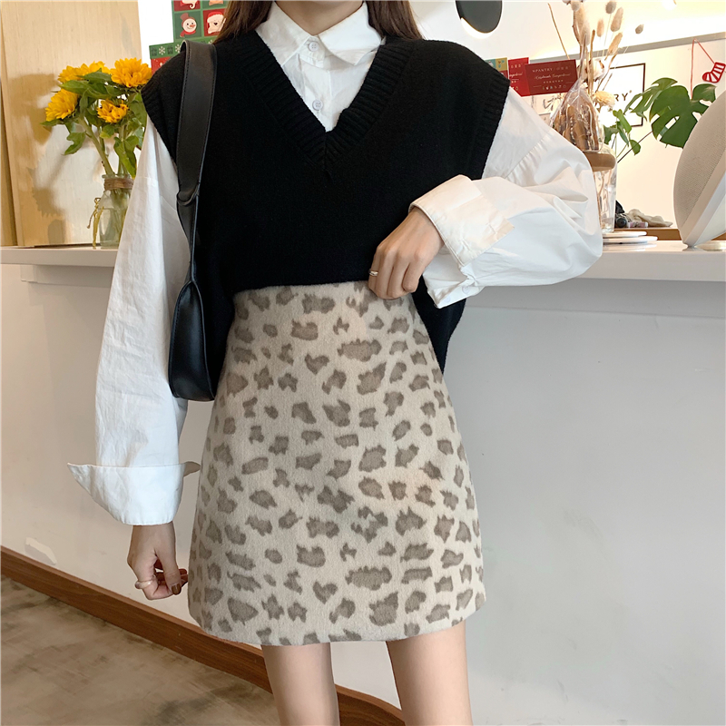 ins毛呢胖mm高腰显瘦豹纹半身裙