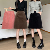 大码 松紧腰灯芯绒半身裙女2023秋冬新款 中裙高腰百搭A字包臀裙子