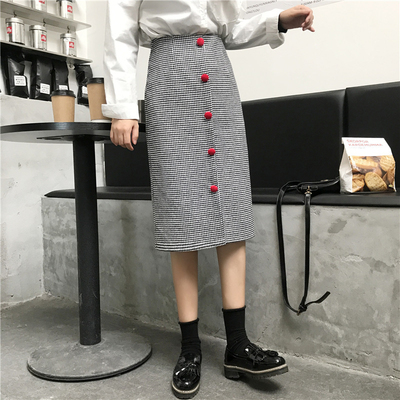 千鸟格毛呢胖mm高腰显瘦中长裙