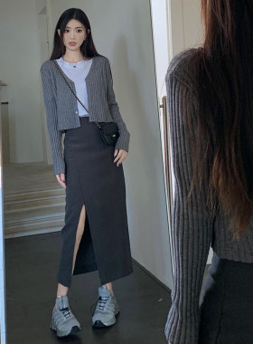 高级感灰色开叉半身裙女大码2023秋季韩版高腰不规则中长款a字裙