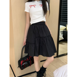 大码松紧腰黑色a字半身裙女夏季高腰不规则显瘦遮胯蓬蓬裙子中裙