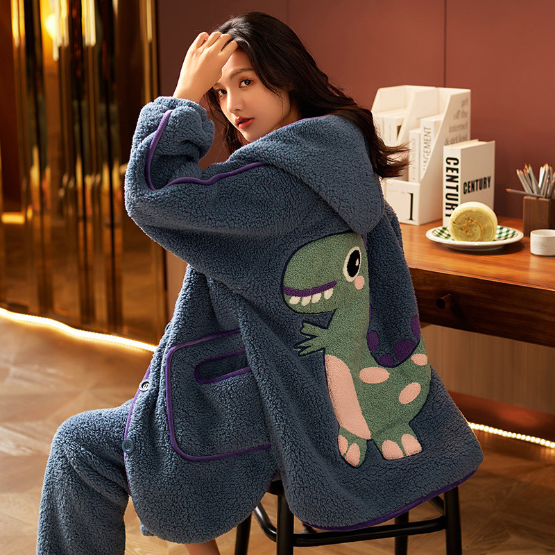 睡衣女秋冬珊瑚绒加绒加厚韩版可爱卡通小恐龙羊羔绒可外穿家居服