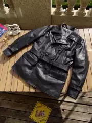 Japanese Water Ripple Horsehide Belt Double-Breasted Mid-Length Trench Coat Genuine Leather Jacket Leather Coat