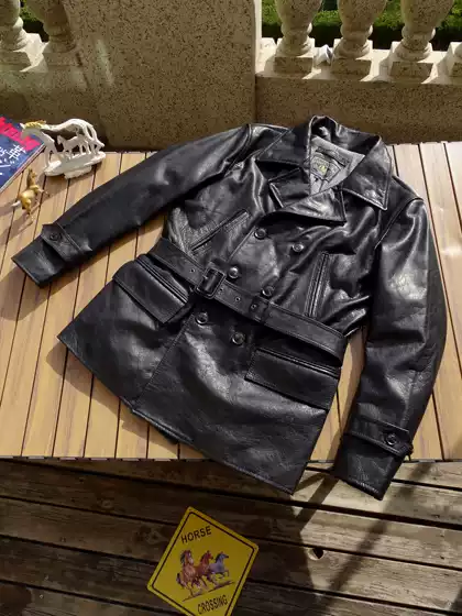 Japanese Water Ripple Horsehide Belt Double-Breasted Mid-Length Trench Coat Genuine Leather Jacket Leather Coat