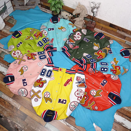 【再来7色~召唤神龙吧】头层真皮皮衣多标刺绣徽章短款潮男女通穿