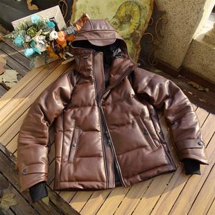 真皮羽绒服【男女通穿】日本帽斜拉链马蹄袖头层牛皮真皮皮衣