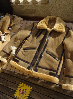 烟草色一眼入魂外贸日版B3原生态羊皮毛一体镶马皮日本拉链真皮衣