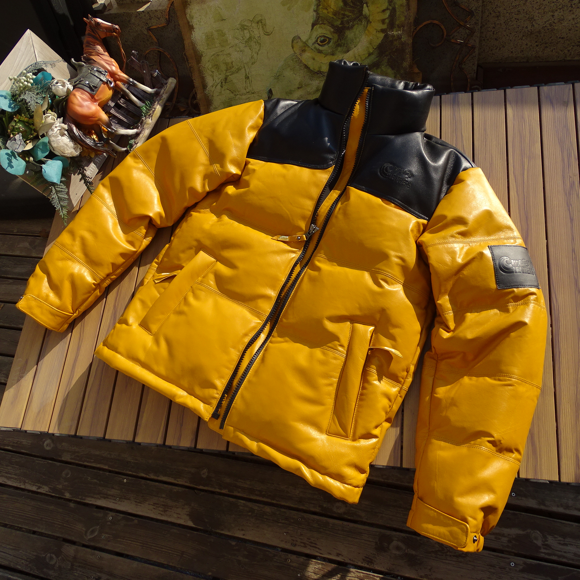 真皮羽绒服外贸出口立领拼色