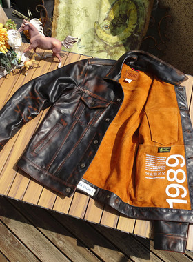 无里衬手工擦旧茶芯马皮代工出口外贸原版西部牛仔真皮衣男皮夹克