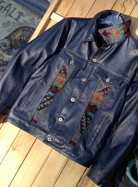 蓝色头层牛皮纳瓦霍毛呢507牛仔美式复古真皮皮衣保暖毛绒内里