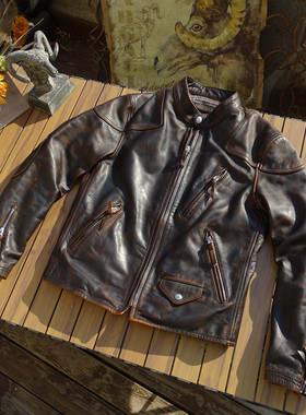 桑尼福利【毕业版毒液】手工擦旧重水洗植鞣茶芯马皮短款真皮皮衣