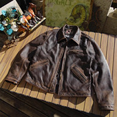 复古工装 底特律风格 茶心牛皮石磨擦色做旧阿美咔叽美式 真皮衣