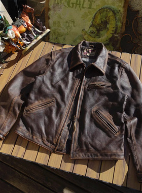 底特律风格茶心牛皮石磨擦色做旧阿美咔叽美式复古工装真皮衣