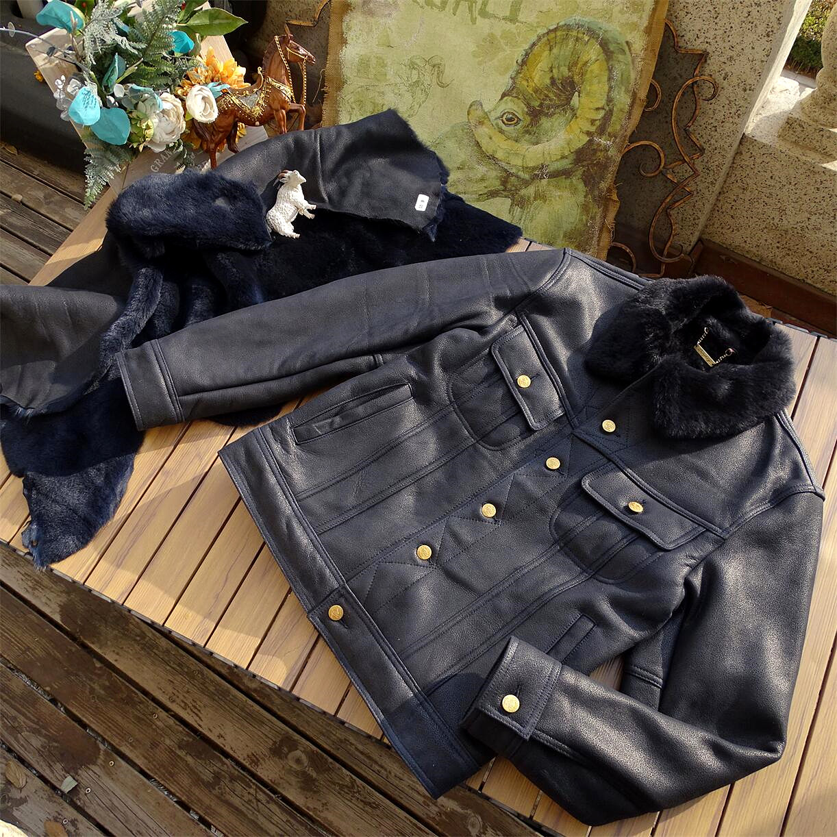 超轻超薄小羊羔进口罕见绒面龟裂原生态羊皮毛一体美式复古牛仔