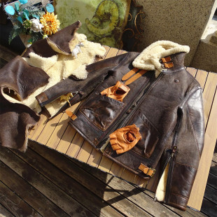 战损补丁原生态羊皮毛一体美式 保暖真皮皮衣 复古茶芯马皮做旧冬季