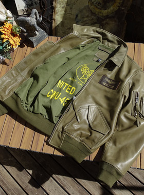 软糯垂坠【美产无涂水染小牛皮】橄榄绿色CWU-45P毕业版空皮夹克