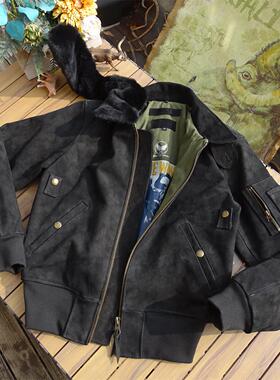 美国科技拒水头层粒面磨砂老牛皮可脱卸羊毛领真皮衣B15空飞梦露