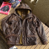 意式 连帽棉服御寒保暖毛绒内里茶芯牛皮重度石磨做旧真皮皮衣