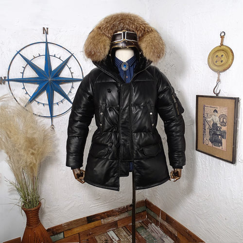 头层牛皮N3B连帽中长保暖羽绒服