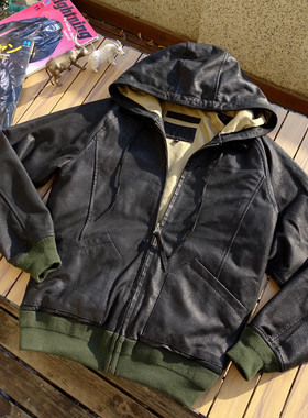 赔本抛售【蚀破】法国水染山羊皮美产拉链Y2日式连帽卫衣真皮衣
