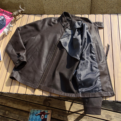 外贸哈灵顿法式蚀破羊皮真皮衣