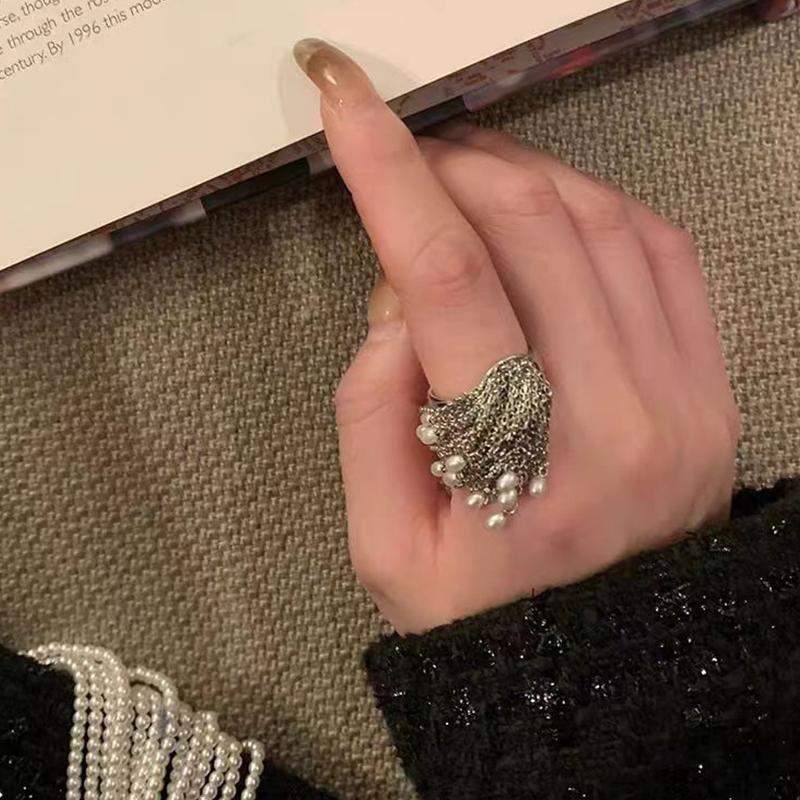 区区欧阳同款珍珠流苏开口戒指
