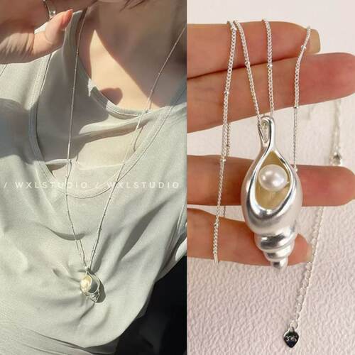 WXL吾小历同款海螺项链女铜镀银天然珍珠小众设计高级感长款颈链