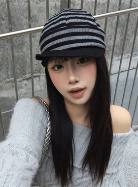小众复古黑灰色条纹短檐鸭舌帽女