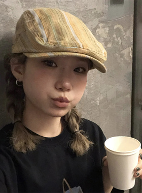 日系黄色竖条纹薄款软顶前进帽女