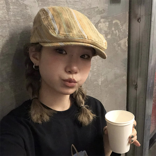 日系黄色竖条纹薄款软顶前进帽女