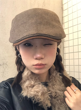 高品质老钱风羊毛呢复古前进帽女