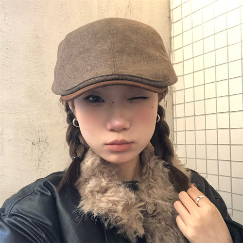 高品质老钱风羊毛呢复古前进帽女