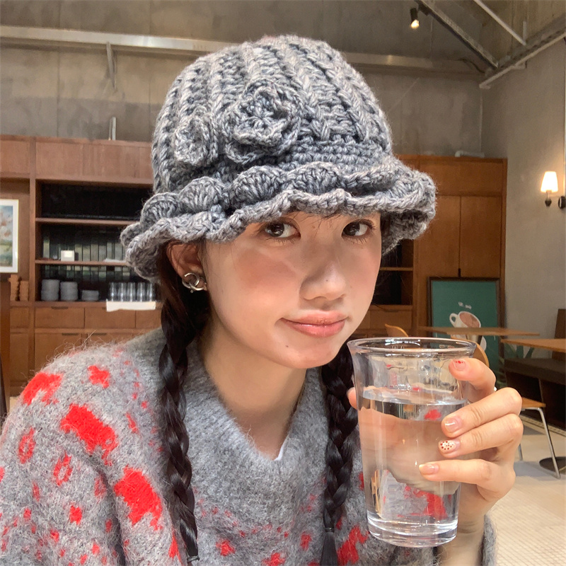 【少女感花朵】手工钩花针织毛线帽小众设计双层花边圆顶渔夫帽冬