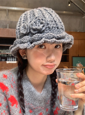 少女感花朵针织毛线帽显脸小盆帽