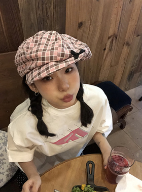 女团风粉色格纹显脸小云朵帽减龄