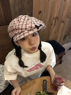 【减龄云朵帽】白昼小熊粉色格纹贝雷帽实习生显脸小蝴蝶结八角帽