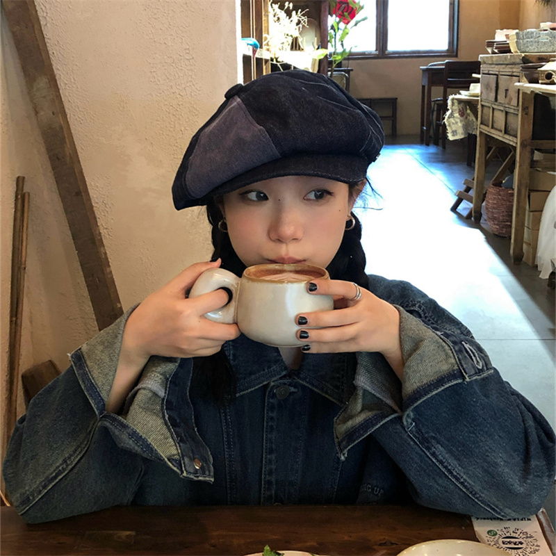 牛仔拼接大版型显脸小八角帽时尚