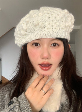 温柔白月光羊毛钩针白色贝雷帽女