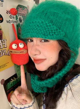 【绿色飞行帽】手工钩织毛线针织帽网红平替拉毛雷锋帽可爱护耳帽