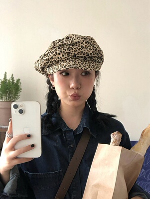 小众设计褶皱蓬松豹纹八角帽潮女