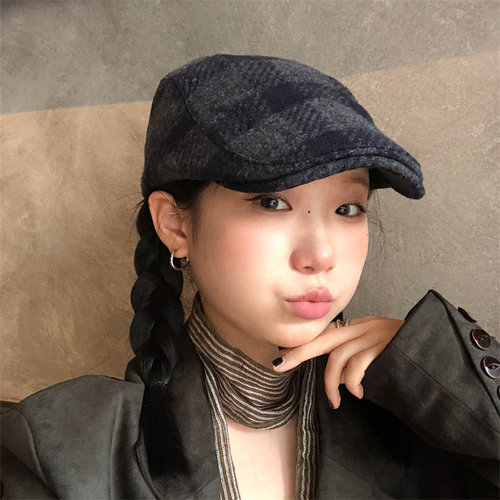 古着藏青灰格调毛呢前进帽秋冬潮