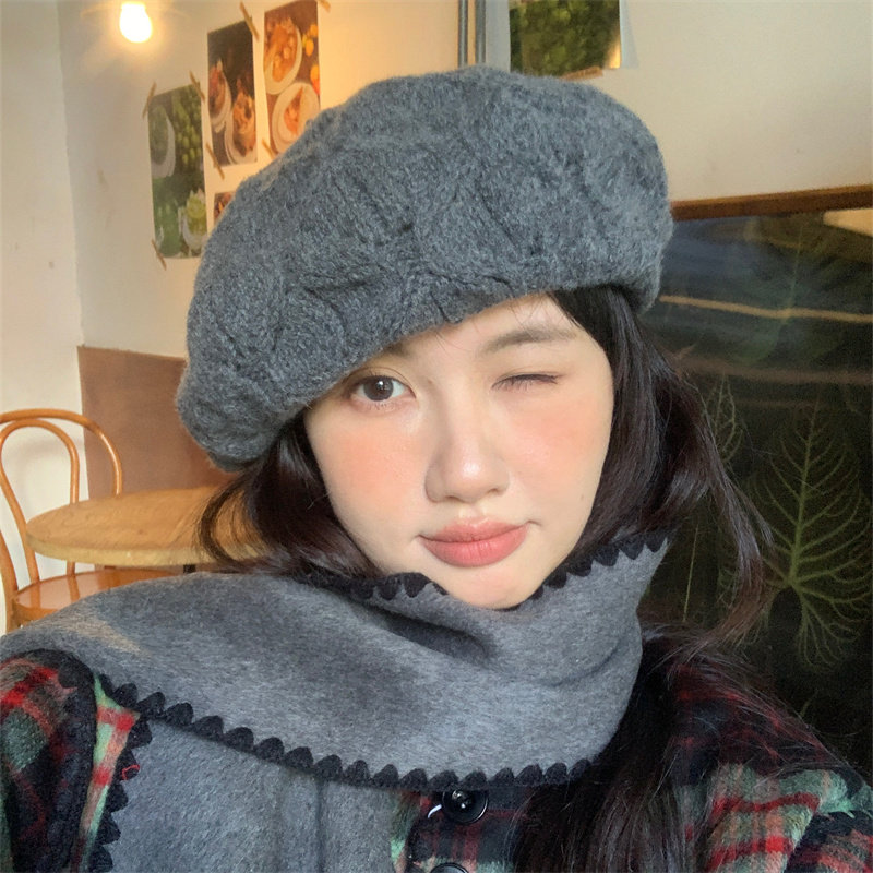 【秋冬高智灰】复古文艺麻花钩织羊毛贝雷帽百搭显脸小画家帽韩版